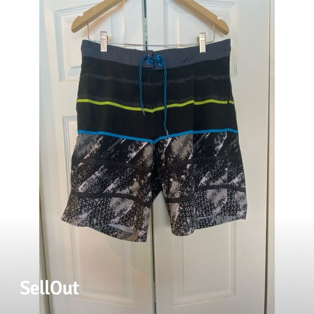 George Men's Board Swim Trunks M Black Patterned Quick-Dry Beach Shorts